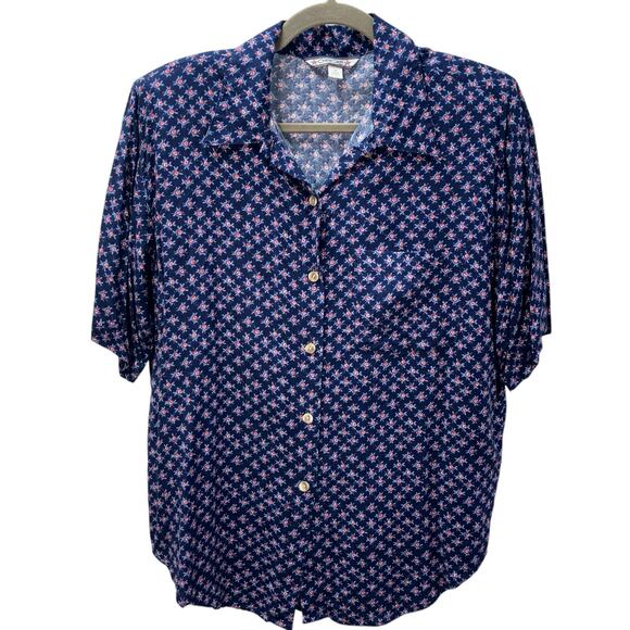 Vintage‎ Y2K Cherokee Short Sleeve Floral Button Up Shirt Women M Rayon USA Navy - Picture 1 of 14